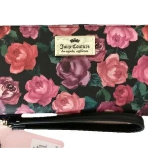 JUICY COUTURE BLACK ROMANTIC ROSE MEGA ZIP AROUND WALLET 16 CARD SLOTS 4 POCKETS